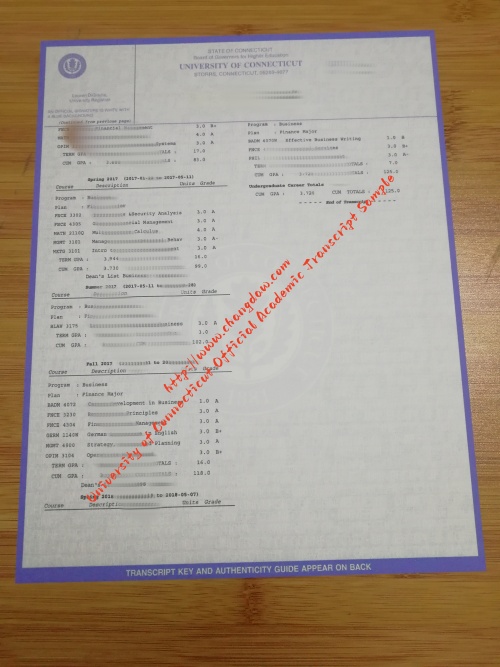 University of Connecticut official academic transcript sample United States