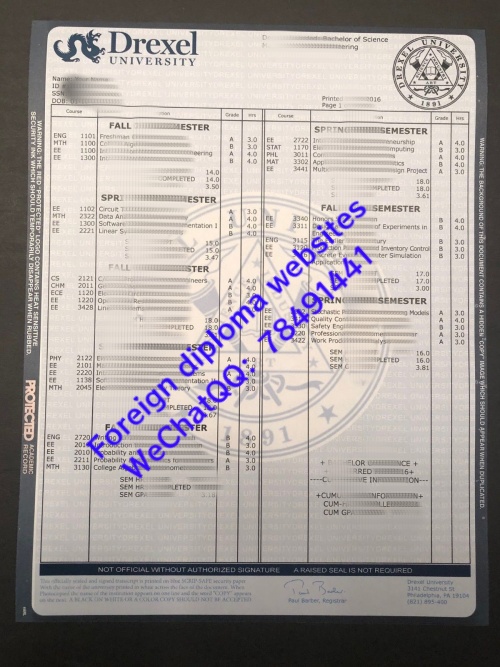 Drexel University official academic transcript sample United States
