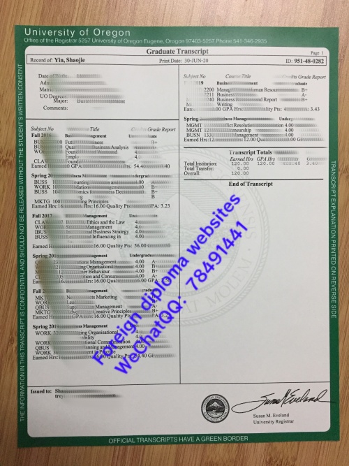 University of Oregon official academic transcript sample Eugene Oregon United States