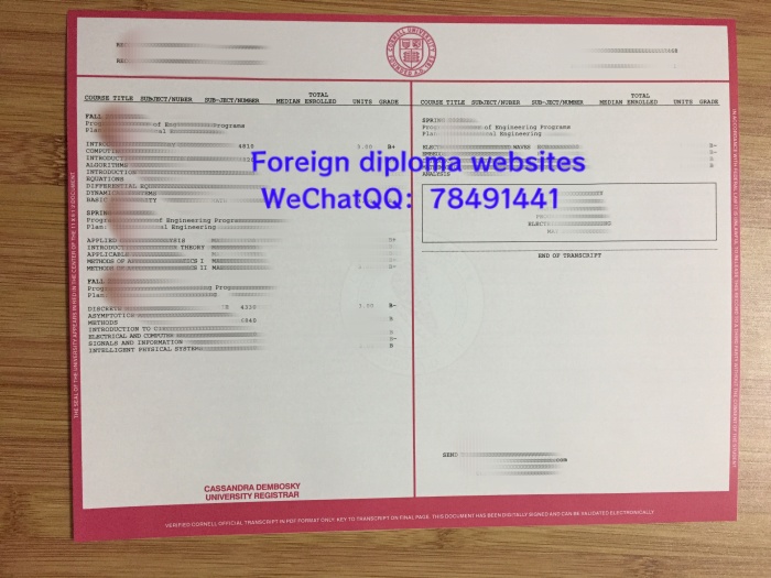 Cornell University transcript sample  USA Cornell University student credit grade record