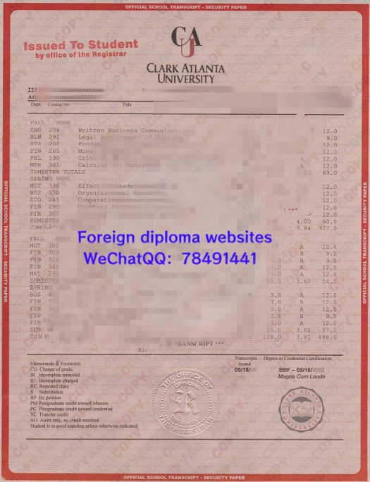 Clark Atlanta University transcript sample  USA Clark Atlanta University student credit grade record